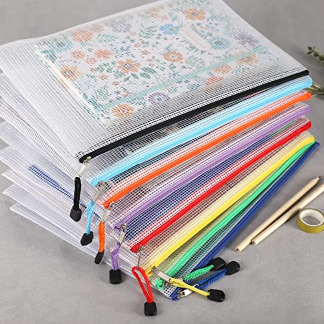 24 Pieces Mesh Zipper Pouch Zipper Bags, Puzzle Bag for Organizing Storage, Letter Size, A4 Size, Zipper File Bags for Office Supplies